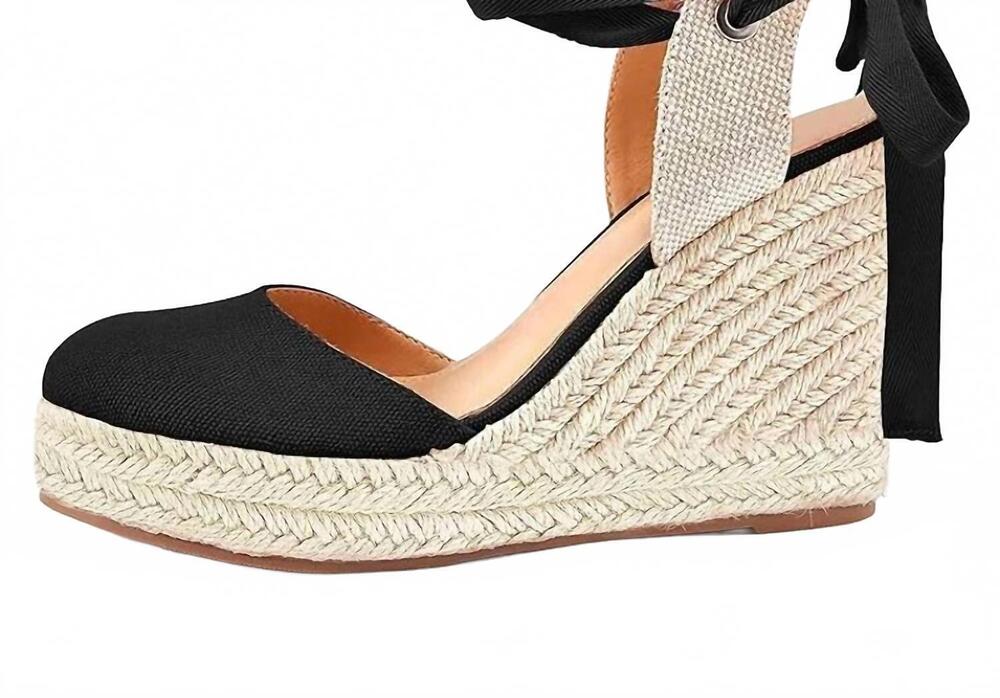 NEW ERMONN women's espadrille platform ankle strap sandals in black